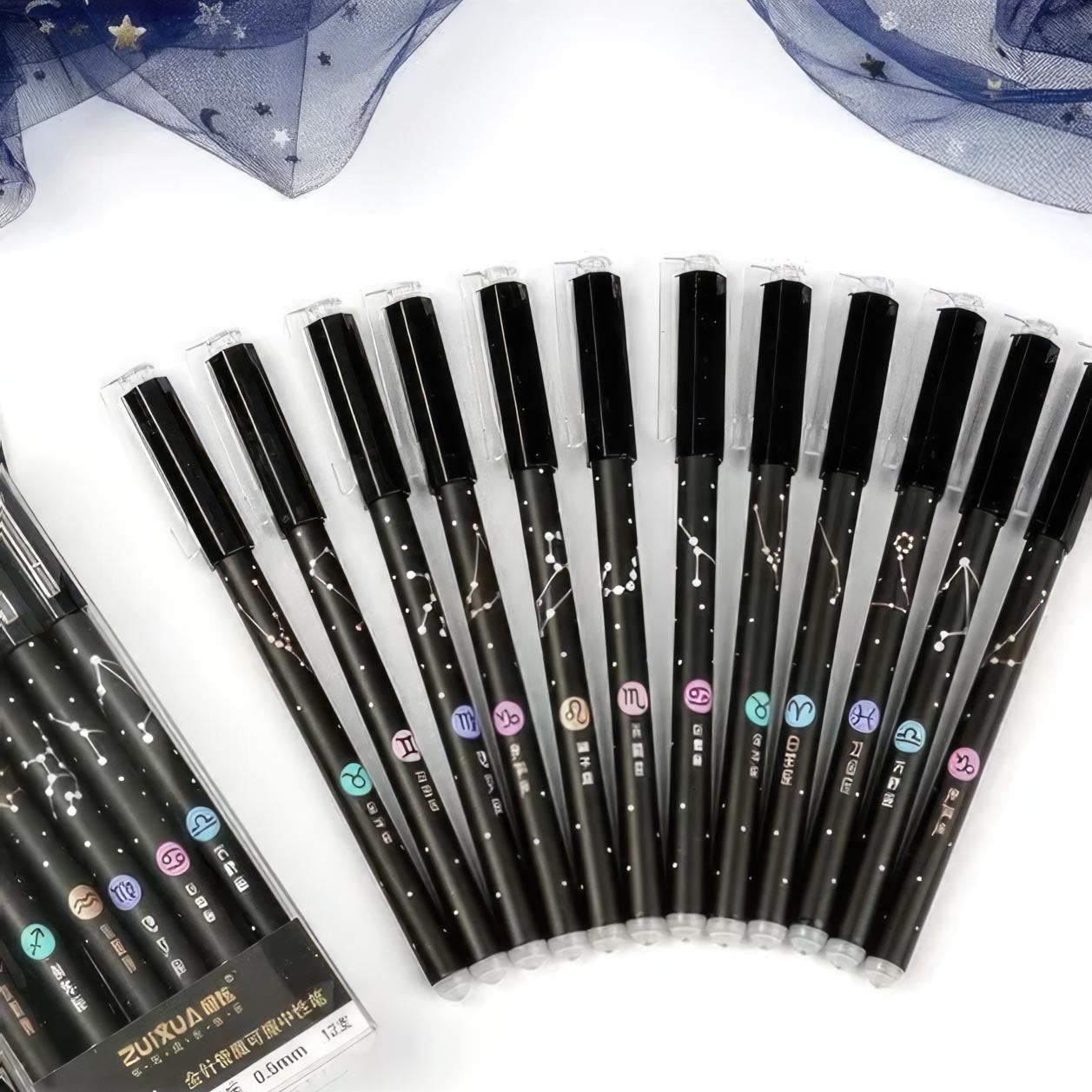 Set de 12 plumas de tinta negra borrable – Signos zodiacales