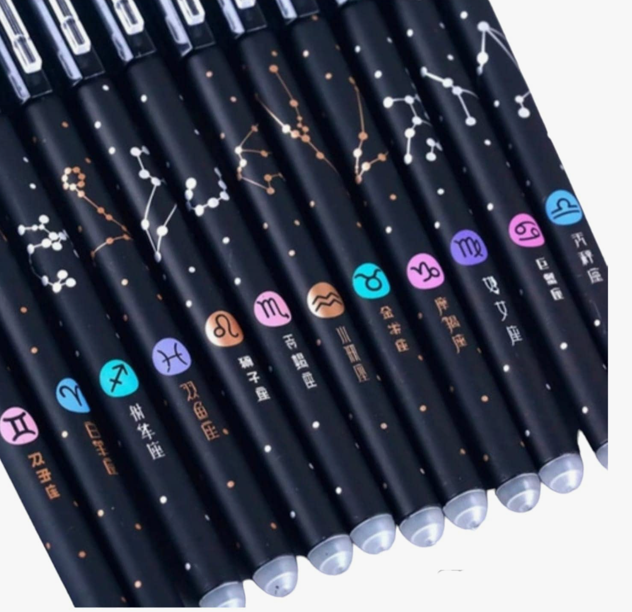 Set de 12 plumas de tinta negra borrable – Signos zodiacales