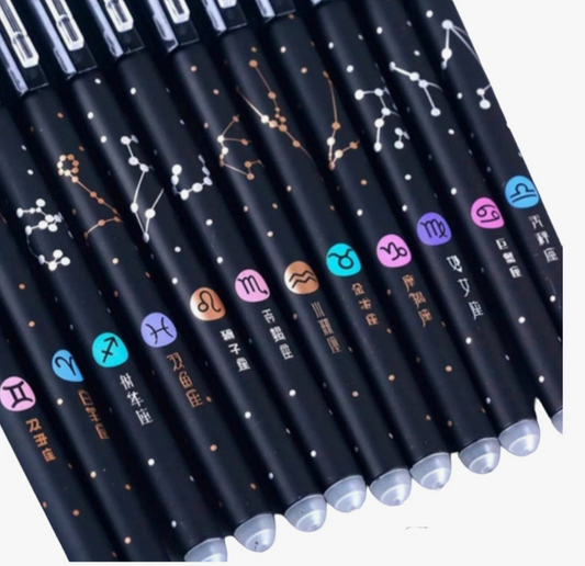 Set de 12 plumas de tinta negra borrable – Signos zodiacales