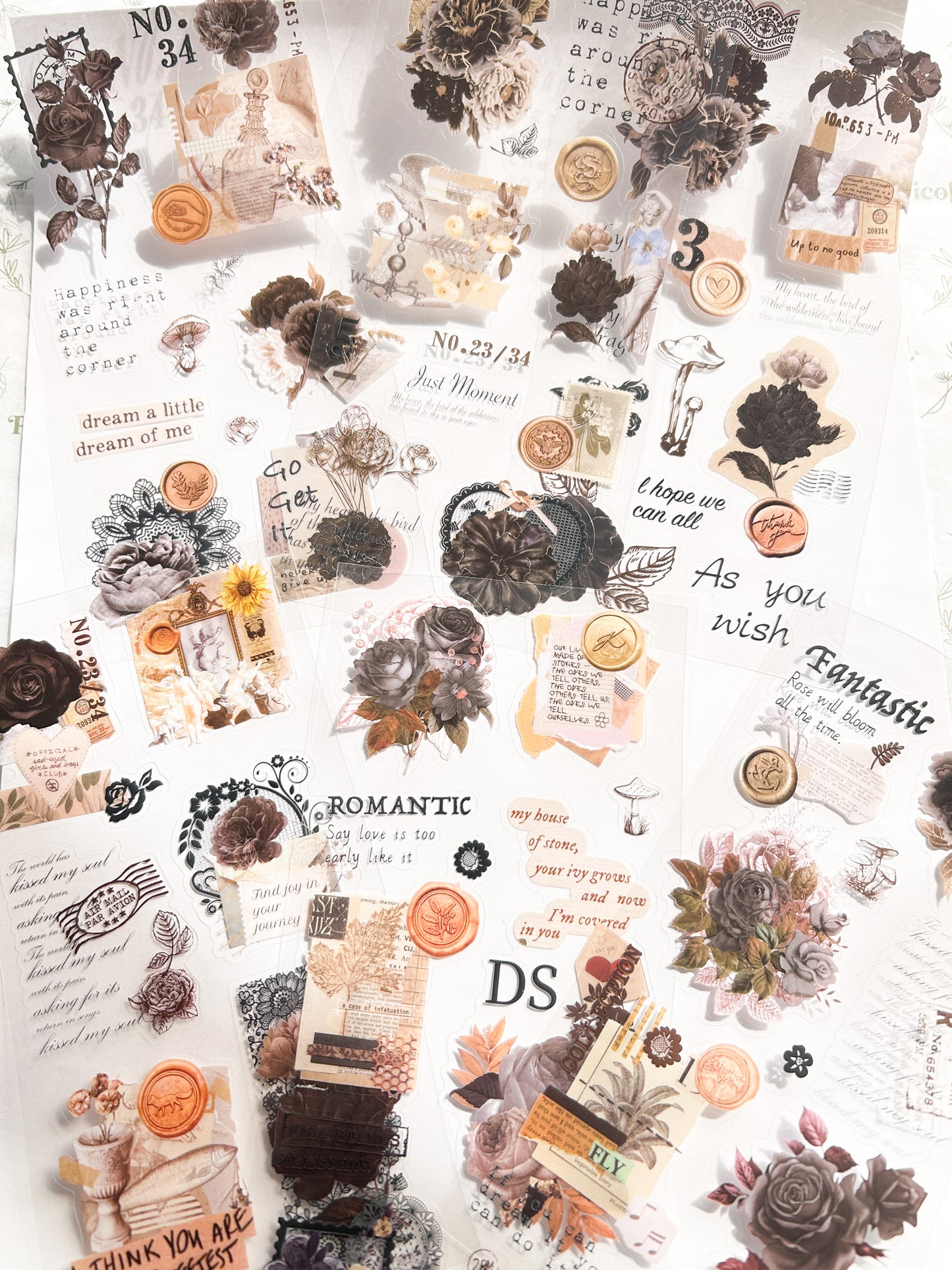 Stickers transparentes flores serie negra con 6 plantillas