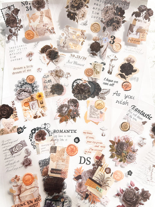 Stickers transparentes flores serie negra con 6 plantillas