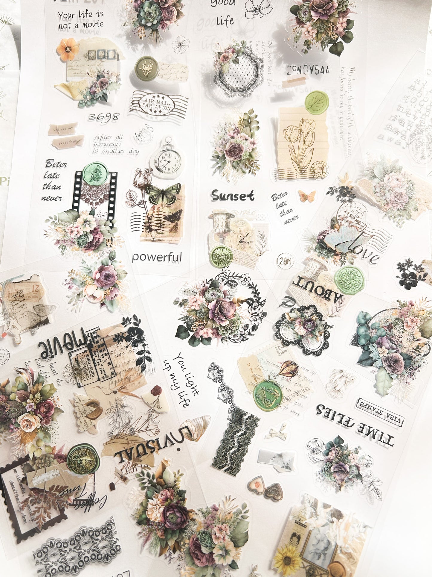 Stickers transparentes flores serie verde con 6 plantillas
