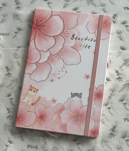 Libreta raya gatos flores grandes  14x21.5 pasta dura